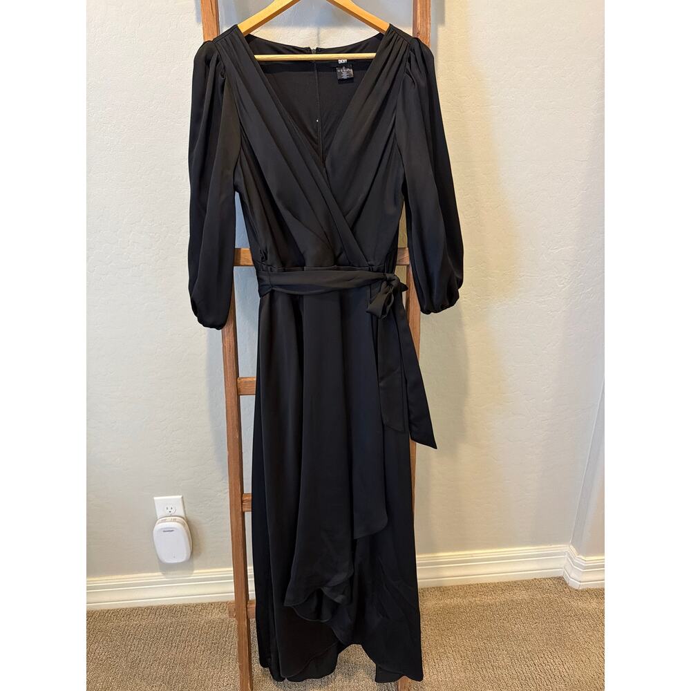 Beautiful Elegant DKNY Black Wrap Ruffle Maxi Dress Size 14 Elegant Formal